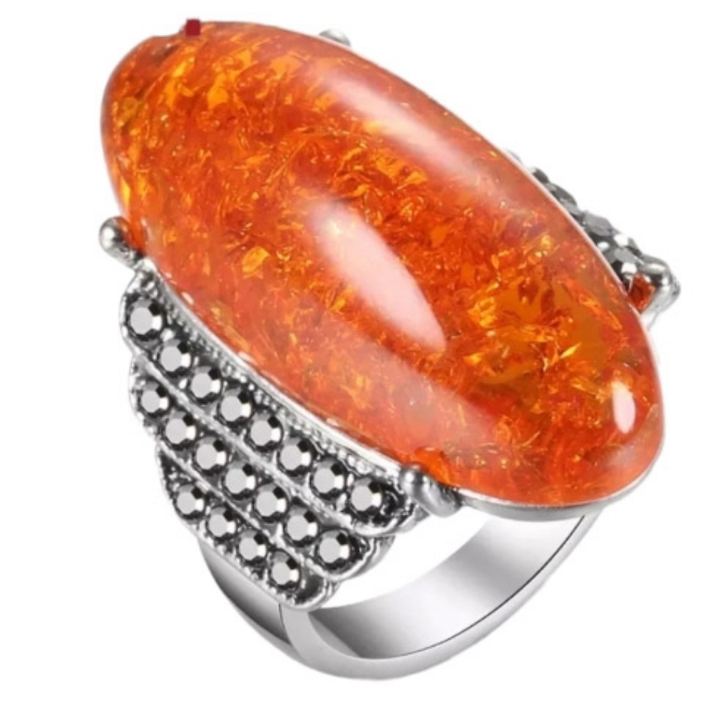 🎀Incredible Stunning Natural Amber and Onyx Ring